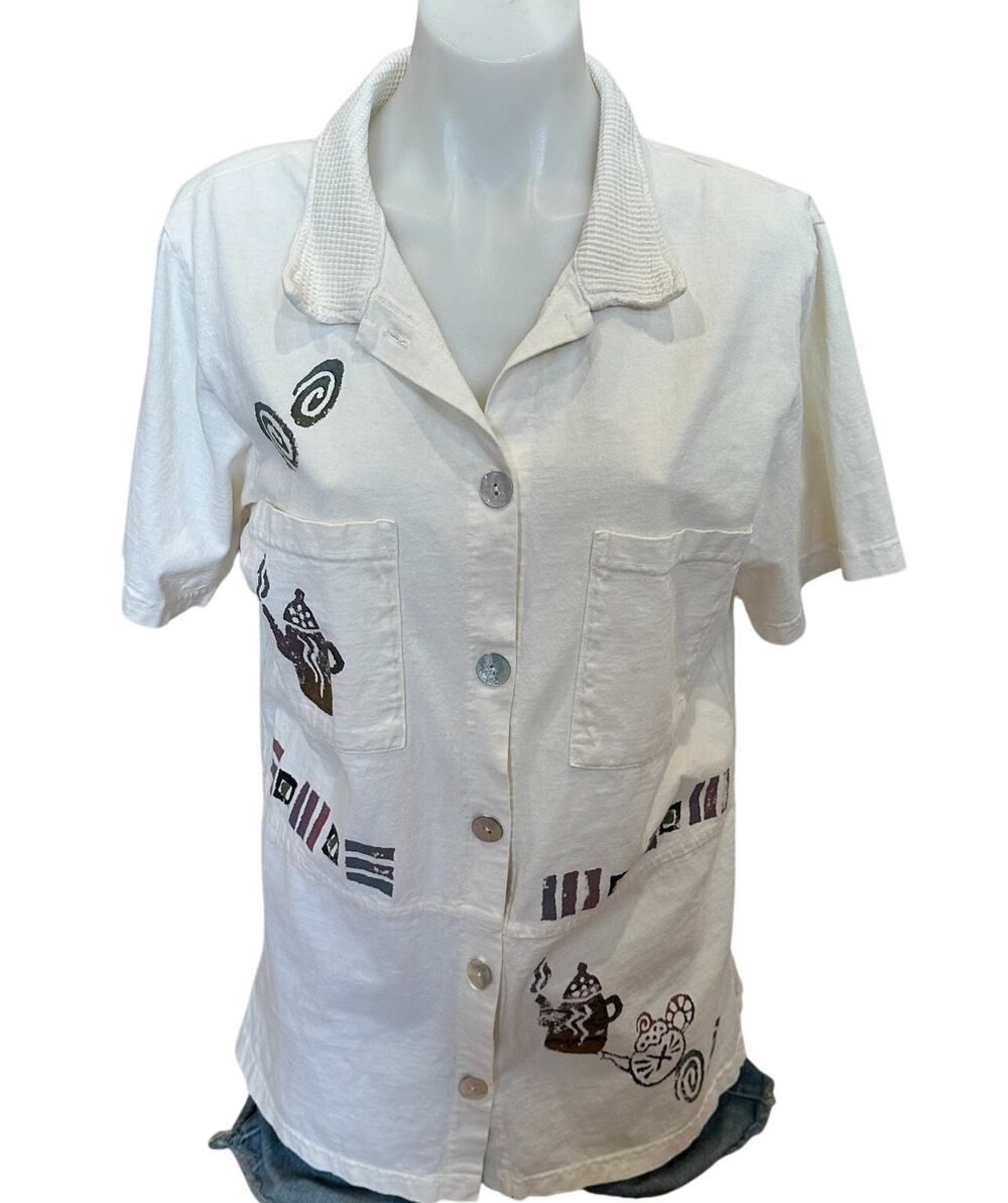 White Coffee Lover Button Up Shirt Top SMALL Lagenlook Cotton Whimsical Oversize